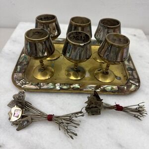 Vtg Alpaca Mexico Brass Cordial Cocktail Shot Glasses Tray Set Of 6 And 23 Picks